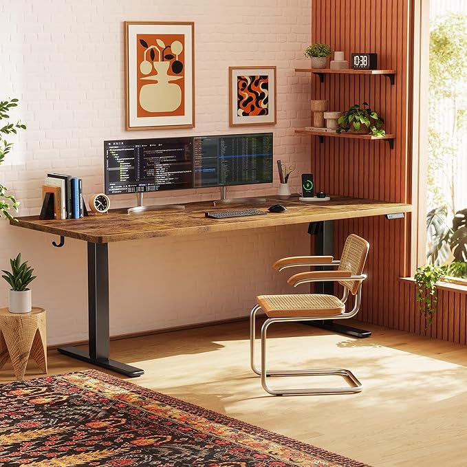 Huuger 71 X 30 Inch Electric Standing Desk with Power Outlets and USB-C Port, Height Adjustable Desk, Sit Stand Desk for Home Office, Computer Desk with 4 Presets, Stable Steel Frame, Rustic Brown