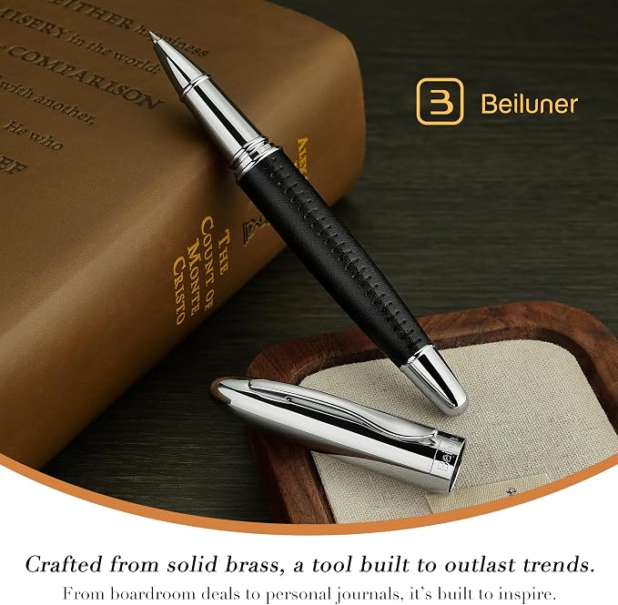 BEILUNER 318 Luxury Leather Pen, Hand-Stitched Premium Leather, Chrome-Plated Finish, Smooth Black Ink Refill, Best Rollerball Pen Gift for Men & Women, Refillable, Executive Writing, Nice Pens