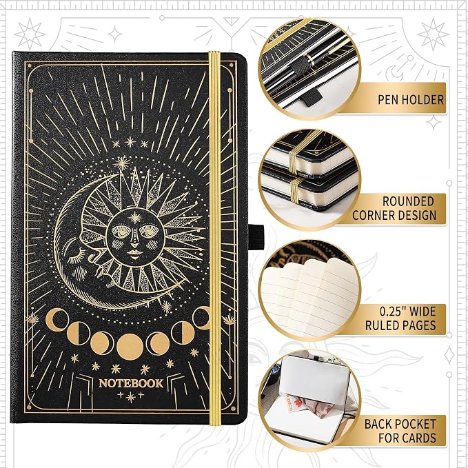 Artfan Ruled Notebook/Journal – Premium Thick Paper Classic Writing Notebook with Pocket + Page Dividers Gifts, Banded, Large, 128 Pages, Hard Cover, Lined (5.3" x 8.26") - Sun and Moon