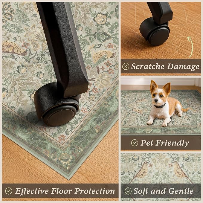 Sage Green 3x4 Office Chair Mat for Hard Wood & Tile Floor, Small Botanical 36"x48" Low Pile Computer Chair Area Rug for Comfort and Floor Protection, Washable Under Desk Rug, Non Slip Rubber Backing