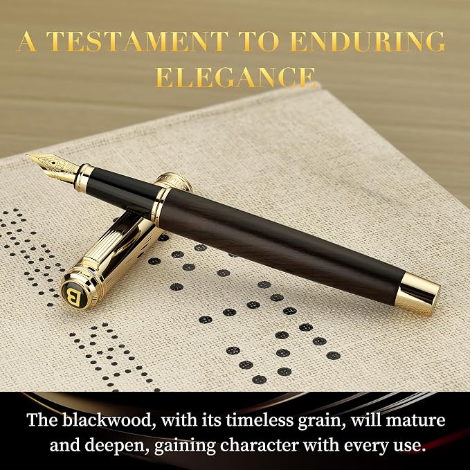 BEILUNER 316 Fountain Pen,Stunning Luxury Blackwood,24K Gilded Nib(Medium),Gorgeous 24K Gold Finish, Ink Converter,Trustworthy Gift for Men&Women-Elegant,Executive,Graduation Pens for Writing, BK-M