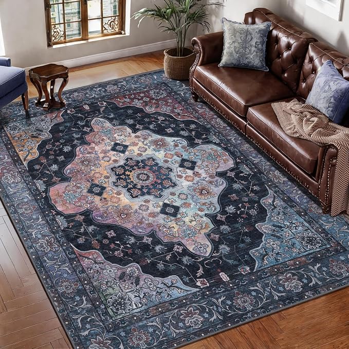 Tangsoo 5x7 Area Rug Washable Rug for Living Room, Vintage Indoor Non Slip Large Area Rugs, Print Distressed Navy/Multi Carpet, Soft Low Pile Rug Foldable for Bedroom Dining Room Dorm