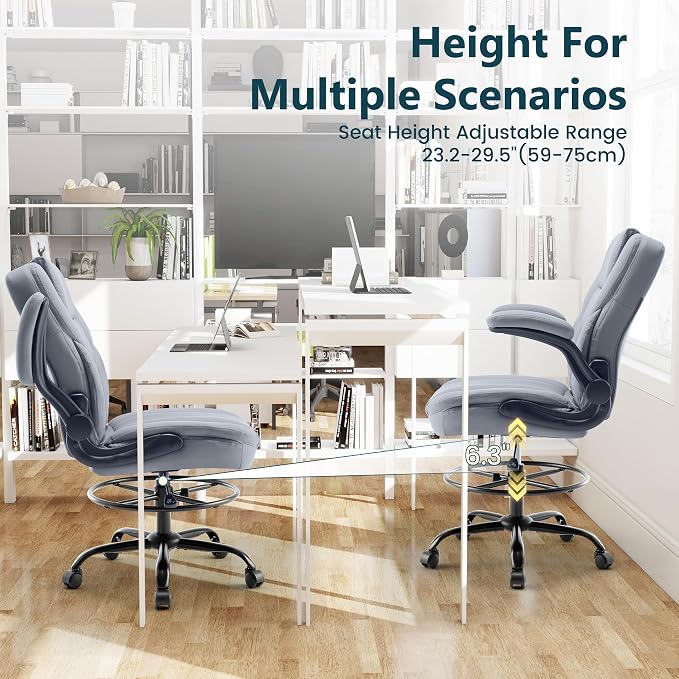 Drafting Chair 500Lbs, Tall Office Chair for Standing Desk, High PU Leather Executive Office Chair with Flip-up Armrests, Ergonomic High Chair with Adjustable Foot Ring, Comfy Stool Chairs, Grey