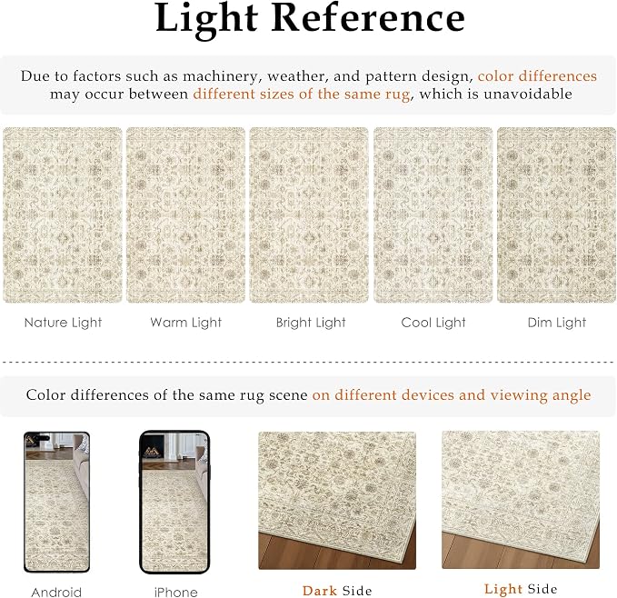 PureCozy 5x7 Area Rug Washable Beige Vintage Living Room Bedroom Distressed Non Slip Carpet Indoor Low Plie Thin Dining Room Office Retro Accent Throw Rug