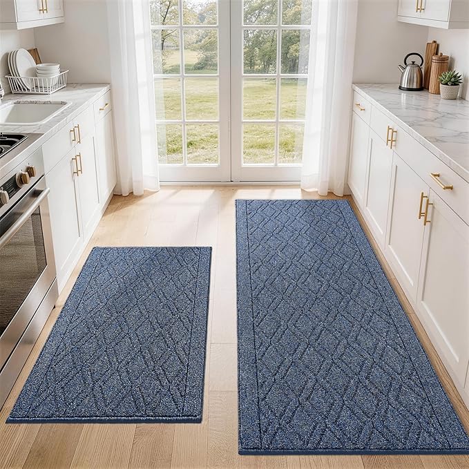 COSY HOMEER Kitchen Rugs Sets 2PCS,Non-Slip Washable Kitchen Mats for Floor,Absorbent and Stain Resistant Kitchen Runner Rugs for Kitchen Sink Laundry Entryway,24"x35"+24"x60",Heather Blue