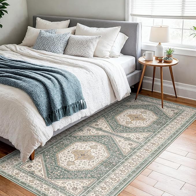 3x6 Runner Rug for Hallway Washable: Non Slip Kitchen Rugs with Rubber Backing Soft Waterproof Wide Mats Stain Resistant Low Pile Carpet for Entryway Bedroom Bathroom Laundry Home Decor Green/Beige