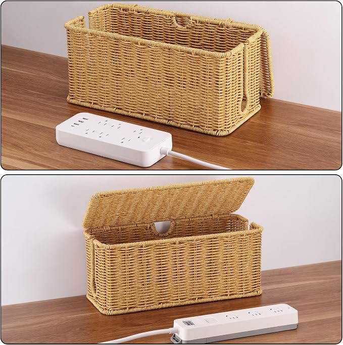 2Pack Large Cable Management Box, Handwoven Imitation Rattan Cord Organizer | Handwoven imitation rattan cord hider box conceals power strips and cables for a clean desk or floor setup