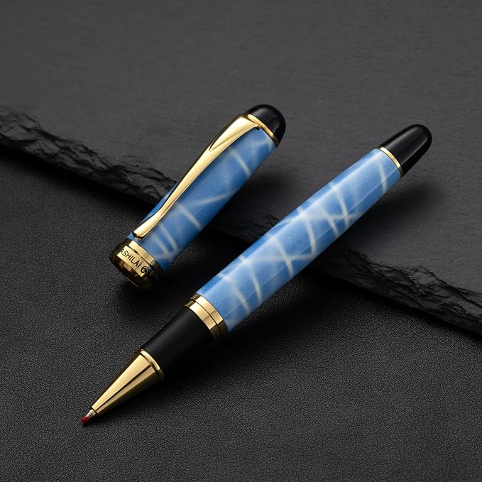 Luxury Metal Rollerball Pen Set – Stainless Steel Barrel, Cool Fine Point Pen with Gift Box & 2 Extra Refills – Premium Business & Signature Pens for Men & Women (Sky Blue)