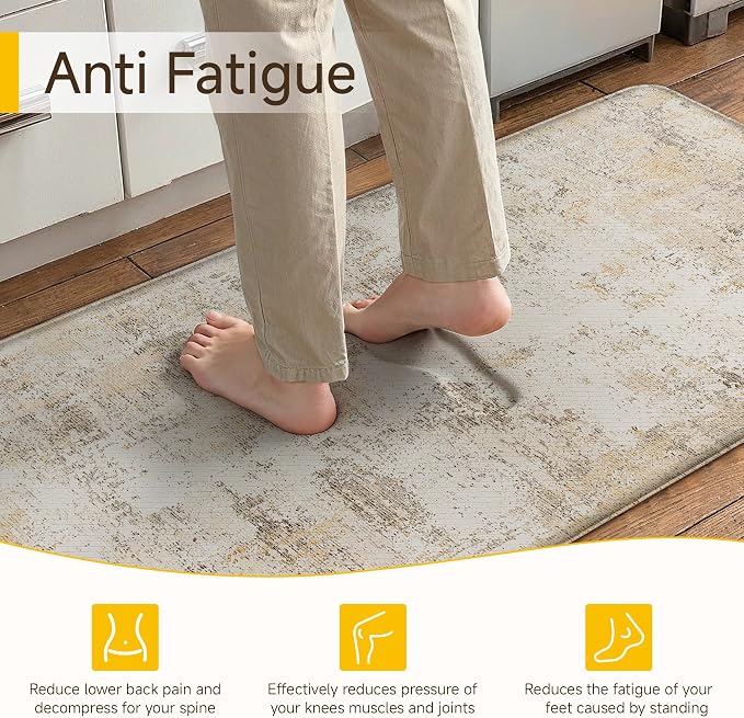 Kitchen Mats for Floor Set of 2 Anti Fatigue Waterproof Kitchen Rug Beige Grey Abstract Cushioned Non-Slip Kitchen Mats Comfort Standing Neutral Mat for Sink Laundry Office 17.3"×59"+17.3"×30"