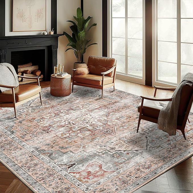 Washable Area Rug 8'x10' Light Cyan and Light red Retro Boho Design Non-Shedding Non-Slip Easy Care Ideal for High Traffic Areas in Living Room Bedroom Office Kitchen Large Carpet