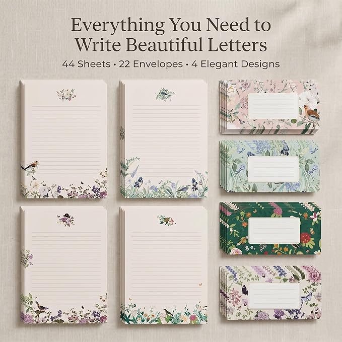 Beautiful Stationery Set with Envelopes - Premium-Quality, No-Bleed Lined Letter Writing Paper with Elegant Floral Designs - Cute Stationary Supplies Kit for Women & Personalized Gift for Loved Ones