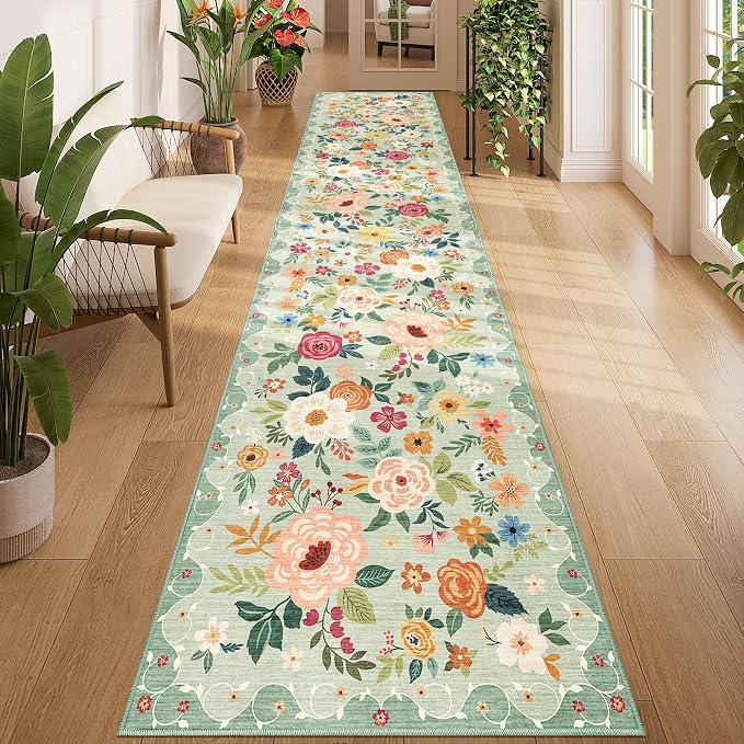 DUKINO 2x12 Washable Runner Rug, Ultra Soft Floral Runner Rug for Hallway, Boho Non Slip & Non Shedding Indoor Entryway Carpet for Kitchen, Laundry Room, Bathroom, Bedroom, Entrance, Green