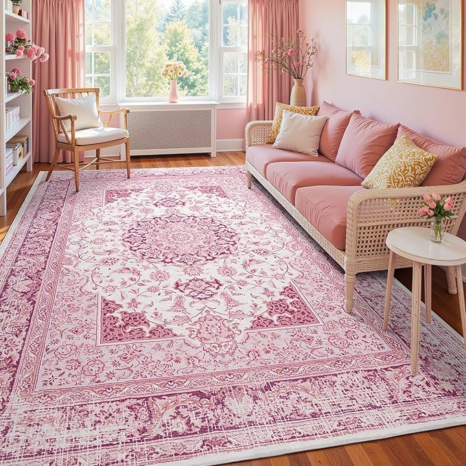 Macgace Bright Pink Area Rug for Living Room, 8x10 Machine Washable Rugs with Non-Slip Backing for Girls Bedroom, Large Vintage Carpet for Kitchen Laundry Kids Room