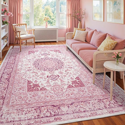 Macgace Bright Pink Area Rug for Living Room, 8x10 Machine Washable Rugs with Non-Slip Backing for Girls Bedroom, Large Vintage Carpet for Kitchen Laundry Kids Room