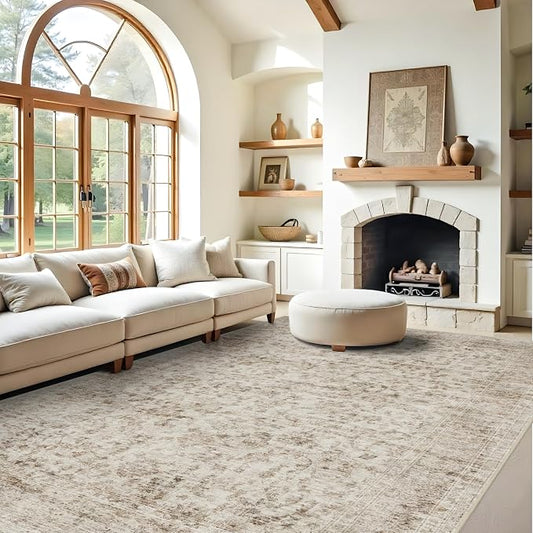 Living Room 9x12 Area Rugs - Large Boho Rugs for Living Room Stain Resistant Carpet Vintage Tribal Rugs for Bedroom with Non Slip Backing Home Decor Floor Decoration Mat 9x12 Beige/Brown