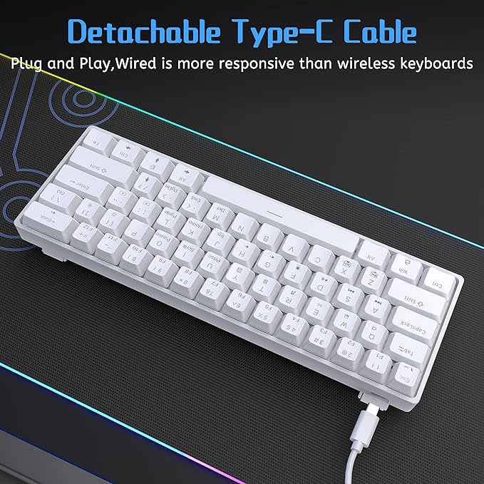 DIERYA 60% Mechanical Keyboard, DK61se Wired Gaming Keyboard with Blue Switches, LED Backlit Ultra-Compact 61 Keys Mini Office Keyboard for Windows Laptop PC Gamer Typist（White）