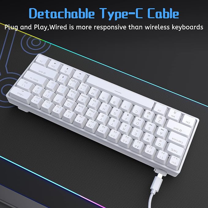 DIERYA 60% Mechanical Keyboard, DK61se Wired Gaming Keyboard with Brown Switches, LED Backlit Ultra-Compact 61 Keys Mini Office Keyboard for Windows Laptop PC Gamer Typist（White）