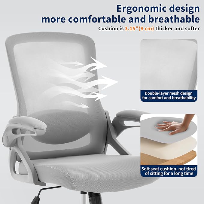 Ergonomic Office Chair, Desk Chair with Adjustable Lumbar Support, Breathable Mesh Comfy Computer Chairs with Flip-up Armrests Executive Task Chair for Adults Home Office (Gray)