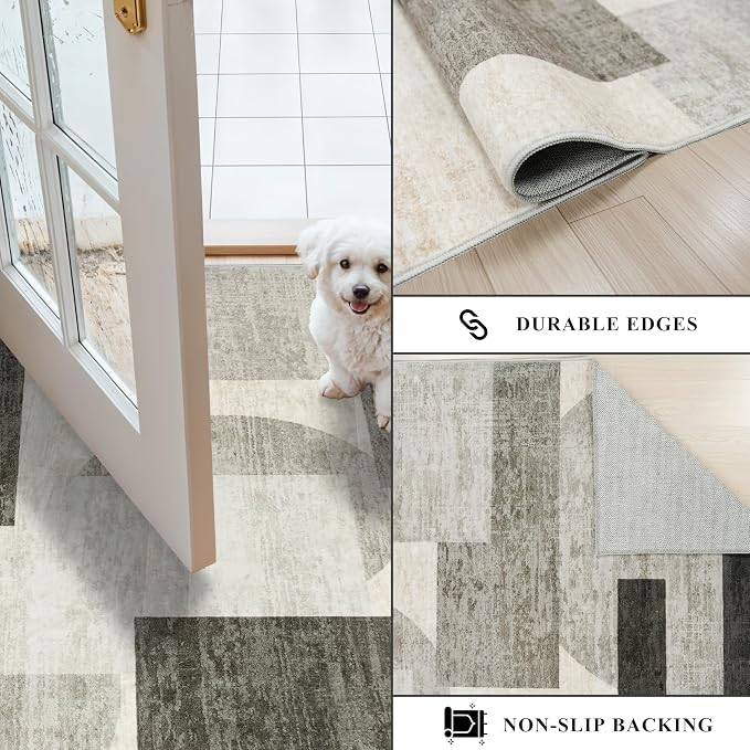 4x5 Washable Entryway Office Rug: Mid Century Modern Area Rugs Geometric Non Slip Soft Low Pile Indoor Carpet for Living Room Bedroom Kitchen Bathroom Entrance (Beige/Olive Green/Gray, 4X5)