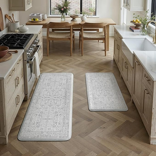 Kitchen Mats 2PCS Anti Fatigue Cushioned Mat Gray Vintage Kitchen Mats for Floor Waterproof Non Slip Comfort Standing Grey Retro Floral Rug for Sink Laundry Office 17.3"x47"+17.3"x30"