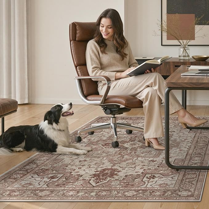48"x60" Office Chair Mat for Hardwood Tile Floor, Under Desk Carpet Protector for Rolling Computer Chair Mat, Machine Washable Area Rug, Anti-Slip 1/5" Thick Low Pile Thin Vinyl Floor Mat, Brown Red