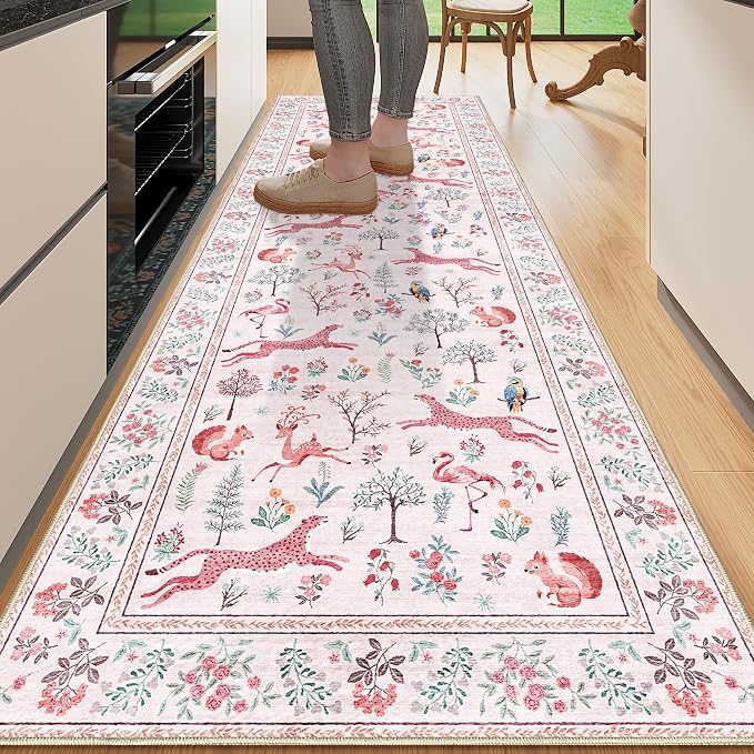 DUKINO 2.6x8 Rug for Hallway, Washable Kitchen Runner Rug with Non Slip Backing, Soft Low Pile Vintage Animal Runner for Bedroom, Kitchen, Hallway, Entryway, Laundry, Pink