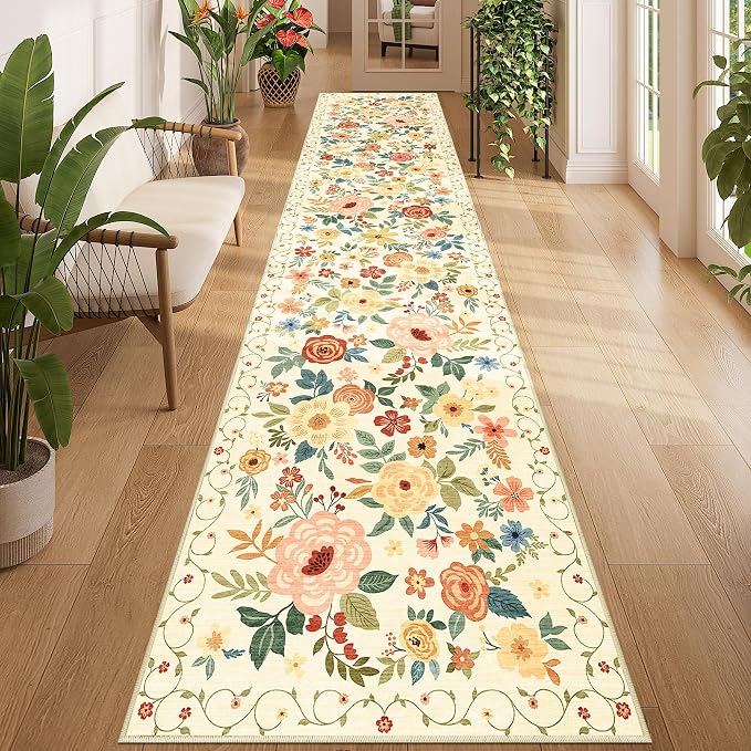 DUKINO 2.6x12 Kitchen Runner Rug, Lightweight Floral Washable Rug for Hallway, Boho Low Pile & Non Slip Backing Soft Floor Carpet for Entryway, Bedroom, Bathroom, Laundry, Beige Yellow
