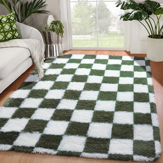 KICMOR Area Rugs for Bedroom Living Room, 4x6 Soft Fluffy Olive Green and White Checkered Shag Rug Fuzzy Shaggy Plush Bedside Carpet, Non-Slip Indoor Floor Rug for Boys Girls Room Nursery Home Decor
