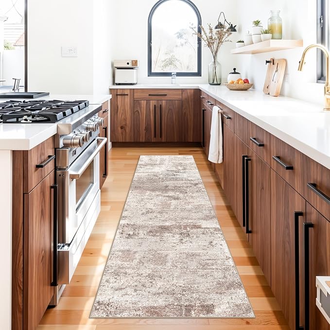 Washable 2x8 Hallway Runner Rug: Abstract Water Resistant Kitchen Rugs Soft Living Room Bedroom Carpet with Non-Slip Backing Indoor Low Pile Floor Mat for Bathroom Dining Room 2X8 Brick/Brown/Beige