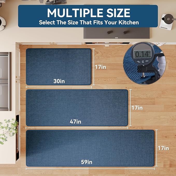 YDKGL Kitchen Mats for Floor, Super Absorbent Kitchen Rugs Non Slip Washable, Soft Imitation Linen Braided Runner Rug, Standing Mat Kitchen Sink Mat, Easy to Clean, Blue 17x71