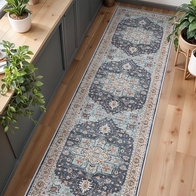 Washable Oriental Hallway Runner Rug - 3x10 Rugs for Living Room Soft Carpet for Bedroom Kitchen Waterproof Floral Distressed Indoor Stain Resistant Non-Shedding Floor Carpets (Blue/Teal/Orange, 3X10)