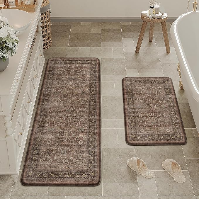 2-Piece Brick Red Vintage Kitchen Mat Set | Washable, Anti Fatigue, Non Slip, Soft, Vintage, Floral, Distressed, Farmhouse, for Sink Entryway Bathroom Laundry