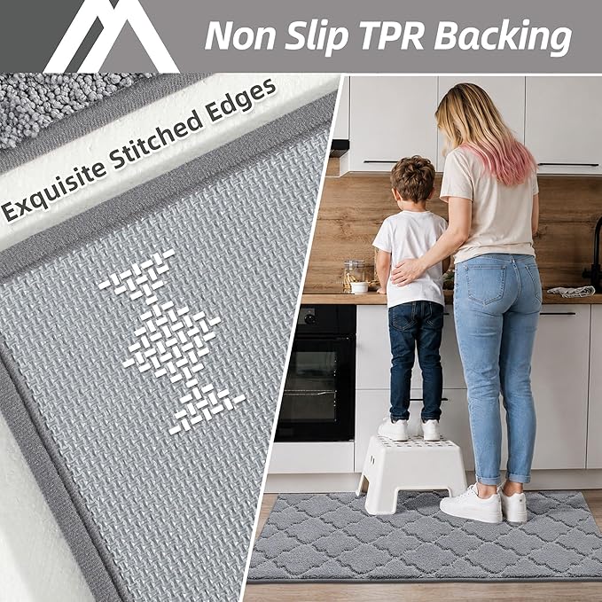 COSY HOMEER Soft Kitchen Rugs [2 PCS] for in Front of Sink Super Absorbent Kitchen Floor Mats and Mats 24x35 Inch/24X60 Non-Skid Kitchen Mat Standing Mat Washable,Polyester,Grey