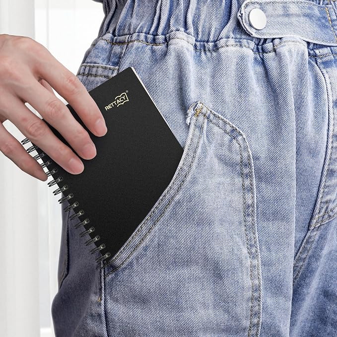 RETTACY Pocket Journal Notebook, 160 Lined Pages, A6 Mini Small Size (4.5" × 5.7"), for Work, Journaling, Writing, 100 GSM Thick Paper, Spiral-bound, Flexible Plastic Cover (Black)