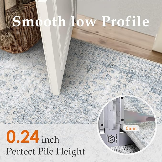 PureCozy 5x8 Area Rug Washable Neutral Blue Living Room Bedroom Vintage Carpet Non Slip Low Pile Soft Floral Indoor Throw Rug for Dining Room Kitchen Office