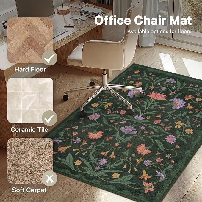 48"x72" Office Chair Mat for Hardwood Tile Floor, Under Desk Carpet Protector for Rolling Computer Chair Mat, Machine Washable Area Rug, Anti-Slip 1/5" Thick Low Pile Thin Floor Mat, Night Floral