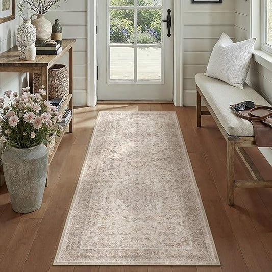 PureCozy Beige 2x6 Runner Rug Washable Hallway Vintage Carpet Low Pile Non Slip Distressed Soft Traditional Retro Oriental Long Accent Throw Rug for Kitchen Bedroom Laundry Bathroom Dining Room