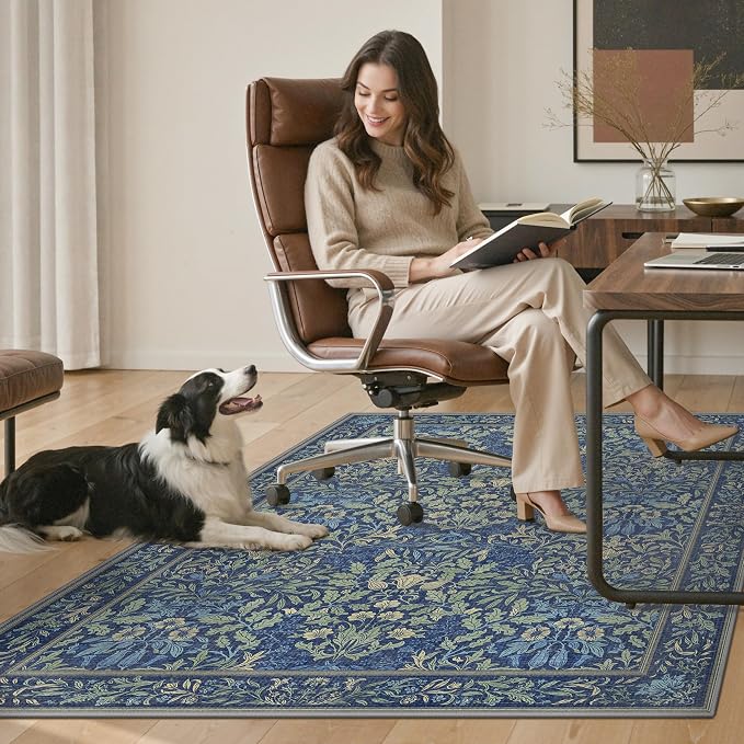 36"x60" Office Chair Mat for Hardwood Tile Floor, Under Desk Carpet Protector for Rolling Computer Chair Mat, Machine Washable Area Rug, Anti-Slip 1/5" Thick Low Pile Thin Vinyl Floor Mat, Dark Blue