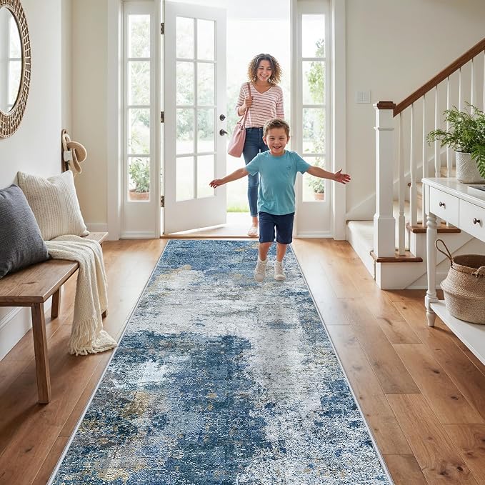RUUGME 3x10 Runner Rug for Hallway: Non-Slip Washable Kitchen Runner Coastal Wide Throw Carpet for Bedroom Entryway Bathroom - Soft Low Pile Thin Long Floor Mat for Modern Home Decor (3X10 Blue-W)