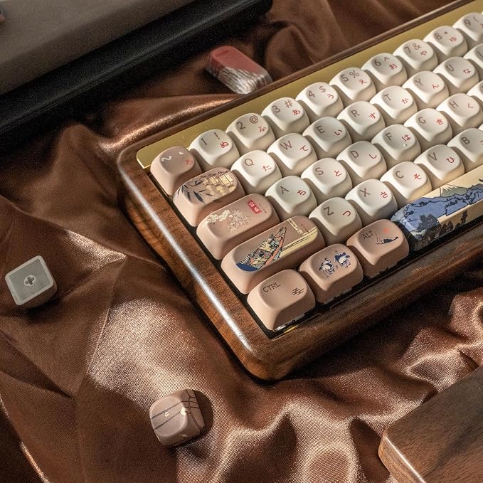 OHY XVX MOA Profile Japanese Fuji Mountain Theme PBT Keycaps Set, 140-Key Coffee & Cream Custom Keycaps for US Layout Mechanical Keyboards (Brown/Beige Design with Key Puller)