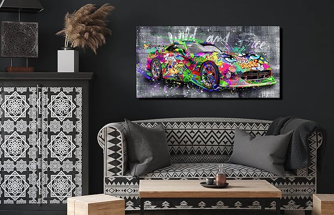 SIXTTART Graffiti Car Wall-Decor - Banksy Canvas Wall Art for Bedroom - Teen Boy Room Decor Ready To Hang Size 40" x 20"