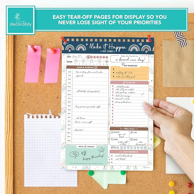 Decorably 52 Sheets Boho Rainbow Undated Daily to Do List Notepad - 6.5x10in Spring-Bound Planner, Easy Tear-Off, for Schedule, Priorities, Agenda, Water Intake, Meals, Notes & Doodles - Home, Office