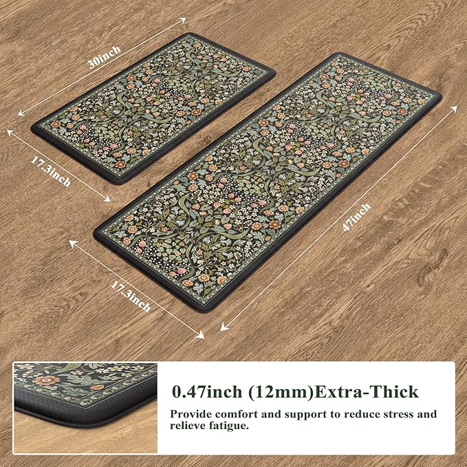 Collive Kitchen Mats for Floor 2PCS, Cushioned Anti Fatigue Mat Non Slip Waterproof Kitchen Sink Rugs, Washable Vintage Spring Floral Rug Comfort Standing Mat for Laundry, Desk, Bar, Office, Black