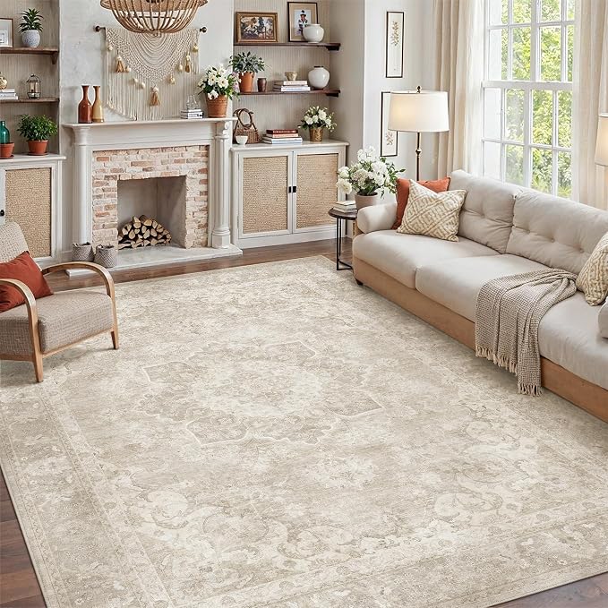 PureCozy Beige 8x10 Area Rug for Living Room Washable Vintage Large Carpet Non Slip Low Pile Indoor Bedroom Soft Retro Oriental Medallion Accent Throw Rug for Kitchen Dining Room Office