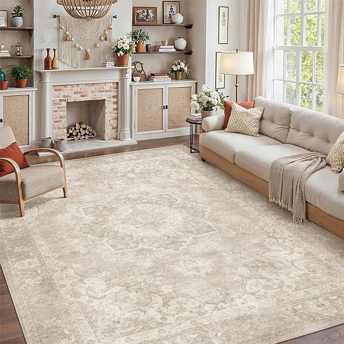 PureCozy Beige 6x9 Area Rug for Living Room Washable Vintage Large Carpet Non Slip Low Pile Indoor Bedroom Soft Retro Oriental Medallion Accent Throw Rug for Kitchen Dining Room Office