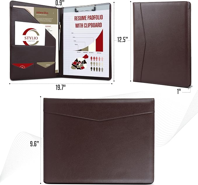 STYLIO Padfolio Folder with Removable Clipboard | Walnut (Brown) Color| Portfolio Organizer | Binder with Storage for Notebook, Notepad | Nursing Clipboard Folio | Vegan Leather
