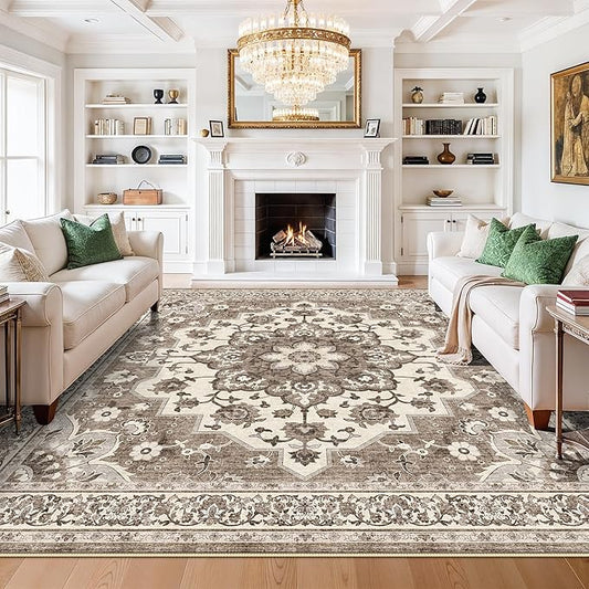 TOPRUUG Washable Oriental Area Rug - Beige 11x11 Area Rugs for Living Room Bedroom Dining Room Under Kitchen Table - Non-Slip & Stain Resistance Rug for High Traffic Area (Beige, 11x11)