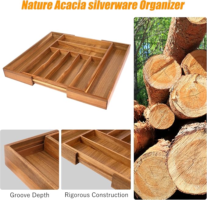 Large Premium Acacia Wood Silverware Organizer - Expandable Utensil Drawer Organizer - 17"x19.6" Utensil Holder and Cutlery Tray with Grooved for Kitchen Flatware Utensils(7-9 Slot, Acacia)