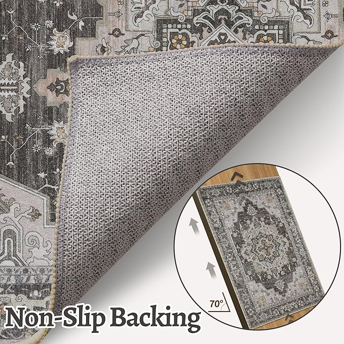 Tangsoo 2.6x10ft Farmhouse Hallway Runner Washable Runner Rug for Hallways, Non Slip Vintage Soft Low Pile Long Rug Runner, Oriental Carpet Runners for Kitchen Bedroom Entryway Living Room Taupe/Grey