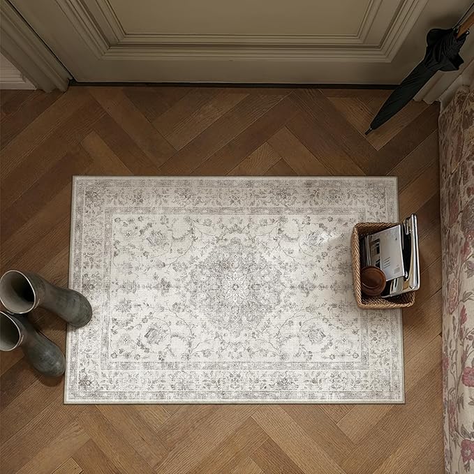 PureCozy 2x3 Area Rug Gray Washable Vintage Entryway Door Mat Carpet Small Non Slip Soft Low Pile Thin Kitchen Bathroom Retro Accent Throw Rug Entrance Bedroom Office Living Room